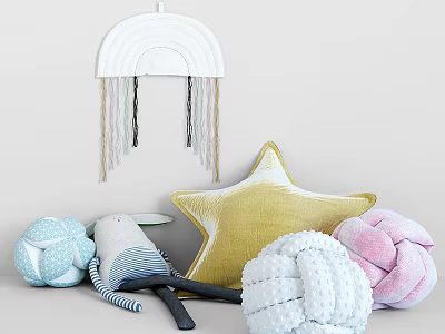 Kids Bed With Rainbow Tassel Wall Hanging Star Cushion Knitted Balls And Plush Toys 3d model