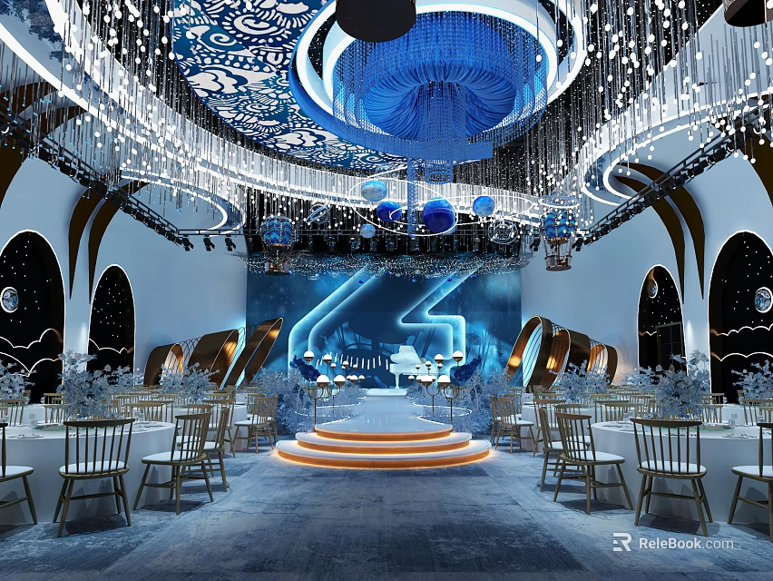 Luxurious Banquet Hall With Gorgeous Ceiling Blue Decorations Crystal Chandeliers Stage And Tables Chairs 3d model 