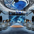 Luxurious Banquet Hall With Gorgeous Ceiling Blue Decorations Crystal Chandeliers Stage And Tables Chairs