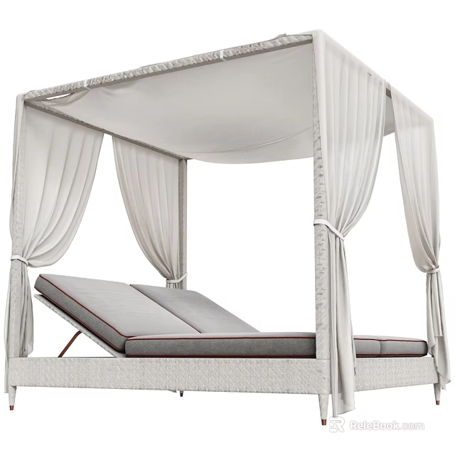 Outdoor Canopy Lounge Chair in Light Wicker with Curtains and Comfortable Cushions 3d model 