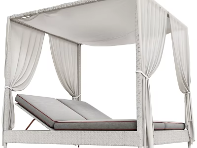 Outdoor Canopy Lounge Chair in Light Wicker with Curtains and Comfortable Cushions 3d model