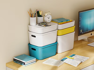 Colorful Stacked Storage Boxes For Home Office With Pencil Holder And Books 3d model