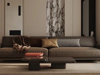 Three Seater Sofa With Brown Blanket Gold And Checkered Pillows Coffee Table In Modern Interior 3d model