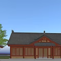 Ancient Chinese Architecture With Traditional Roof Wooden Structure And Open Square Surrounded By Trees