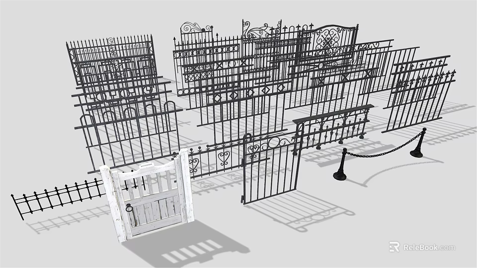 Various Wrought Iron Fences With Decorative Patterns And White Gate Design 3d model 