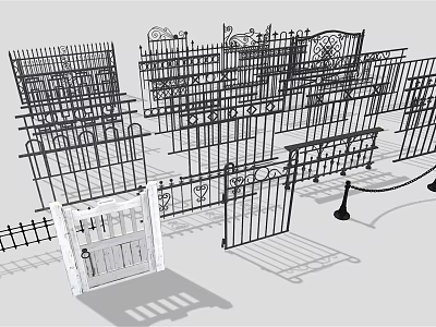 Various Wrought Iron Fences With Decorative Patterns And White Gate Design 3d model