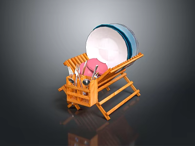 Wooden Household Dish Drying Rack With Plates Utensils And Pink Accessories 3d model