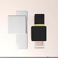 Perfume Cosmetics With White Box Transparent Pink Bottle Black Cap Golden Strip Light Brown Background