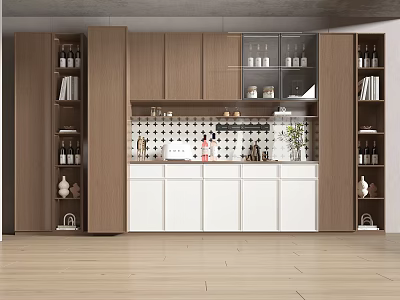 Modern Wooden Wine Cabinet With Glass Doors Built in Shelves Books And Decorations 3d model
