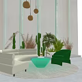 Bright White Sofa And Green Coffee Table Set With Green Armchair Cacti Plants Pendant Lights
