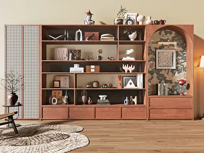 Stylish Wooden Bookcase Interior With Decorative Items Books Shelves And Drawers 3d model