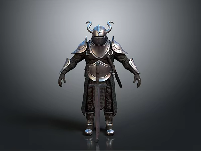 Decorative Metal Armor With Horned Helmet And Long Sword For Home Living 3d model