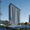 Modern High Rise Residential Building With Swimming Pool Cherry Blossom Trees And Blue Sky