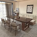 Modern Wooden Table And Chairs Set In Living Room With Sofa Bookshelf And Wall Art