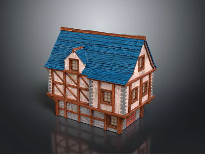 Traditional Half Timbered House Exterior With Blue Roof Wooden Frames And Stone Walls 3d model