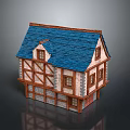 Traditional Half Timbered House Exterior With Blue Roof Wooden Frames And Stone Walls
