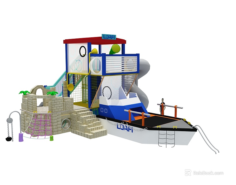 Boat Shaped Playground Equipment with Castle Structure Slide Climbing Net and Stairs for Kids 3d model 
