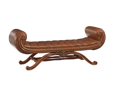 Brown Tufted Leather Ottoman Bench With Carved Armrests And Decorative Legs 3d model