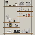 Stylish Bathroom Accessories On Multi Tiered Shelves Organized With Skincare Bottles Decor In Beige Bathroom