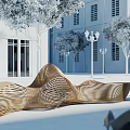 Wooden Outdoor Chair With Wavy Design And Perforated Texture In Modern Building Outdoor Space