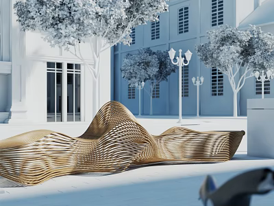 Wooden Outdoor Chair With Wavy Design And Perforated Texture In Modern Building Outdoor Space 3d model