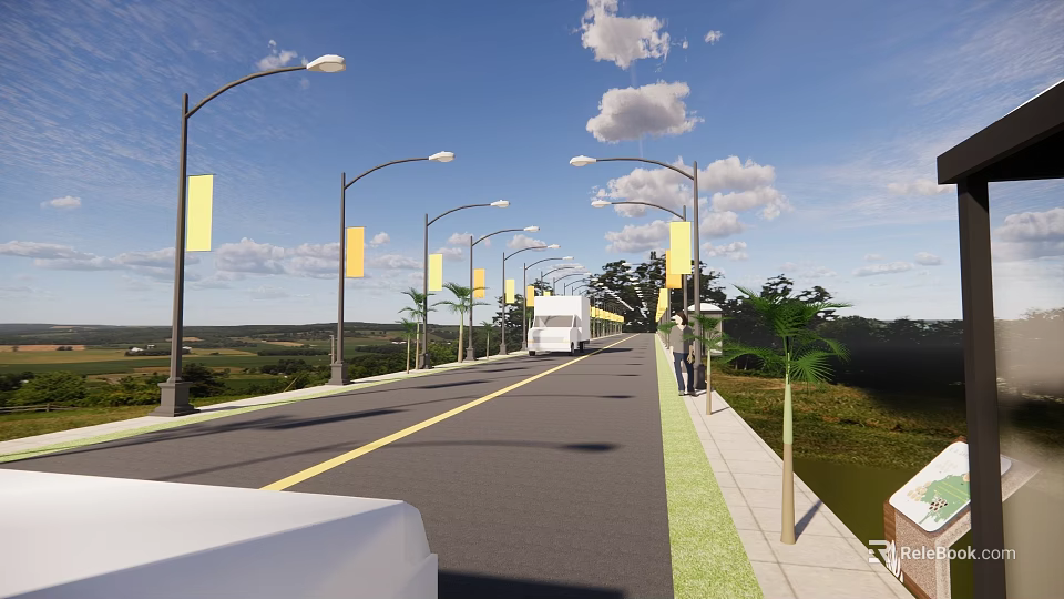 Road Infrastructure Featuring Street Lamps Yellow Banners Sidewalks Palm Trees And Green Grass 3d model 