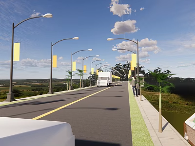Road Infrastructure Featuring Street Lamps Yellow Banners Sidewalks Palm Trees And Green Grass 3d model