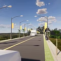 Road Infrastructure Featuring Street Lamps Yellow Banners Sidewalks Palm Trees And Green Grass