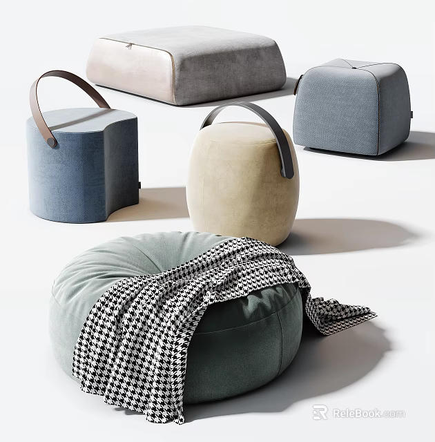 Stylish Ottoman Poufs In Blue Beige Gray Green With Handle Design And Checkered Blanket 3d model 