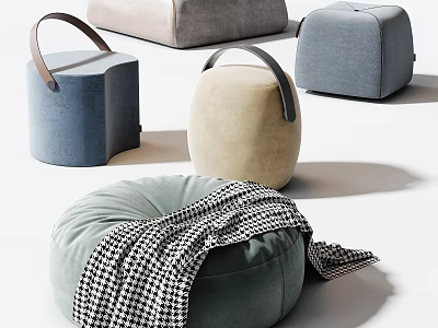 Stylish Ottoman Poufs In Blue Beige Gray Green With Handle Design And Checkered Blanket 3d model