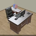 Brown Wooden Office Desk With Computer Monitor Mouse Phone Black Chair And Blue Pink Folders