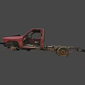 Rusty Red Old Truck Cab Body With Dismantled Chassis And Wheels
