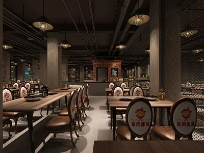Hotpot Restaurant Interior Design With Long Wooden Tables Pendant Lights And Logo Chairs 3d model
