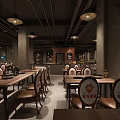 Hotpot Restaurant Interior Design With Long Wooden Tables Pendant Lights And Logo Chairs