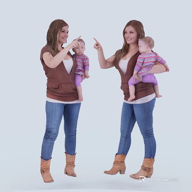 Two Women Holding Babies In Similar Outfits Pointing At Each Other 3d model 