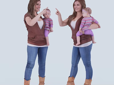 Two Women Holding Babies In Similar Outfits Pointing At Each Other 3d model