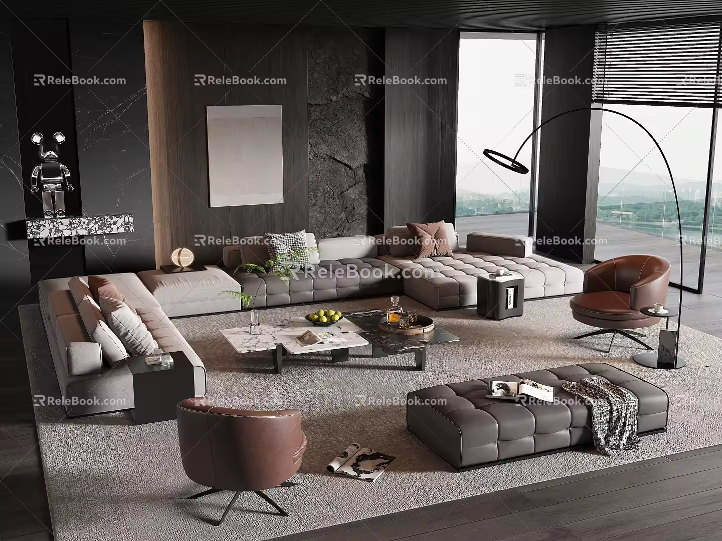 Minotti Sofa Coffee Table Combination Corner Sofa Leather Sofa Stone Coffee Table Large Flat Layer 3d model