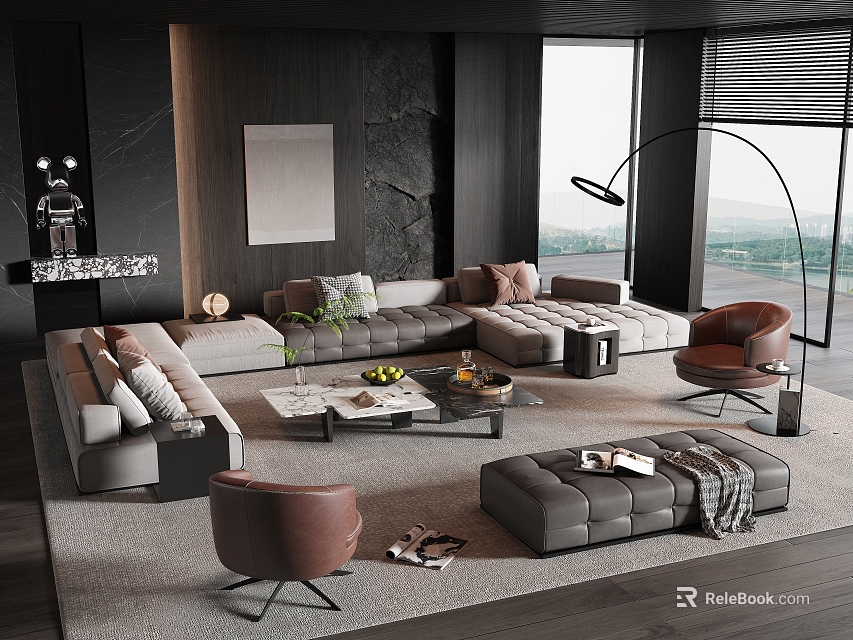 Modern Living Room Sofa Coffee Table Set With Armchair Ottoman Plants And Window View 3d model 