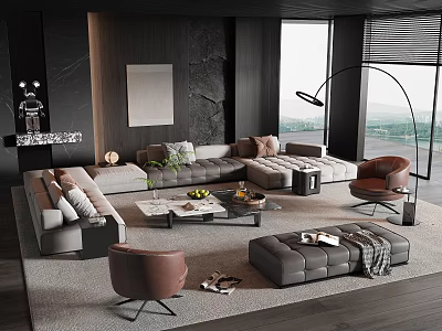 Modern Living Room Sofa Coffee Table Set With Armchair Ottoman Plants And Window View 3d model