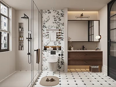 Modern Bathroom Interior Design With Shower Toilet Vanity Floral Wall And Black White Tile Floor 3d model