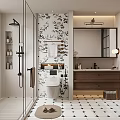 Modern Bathroom Interior Design With Shower Toilet Vanity Floral Wall And Black White Tile Floor