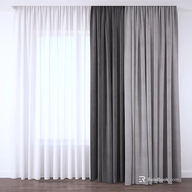 Elegant White Sheer And Gray Blackout Curtains For Window Decoration 3d model 