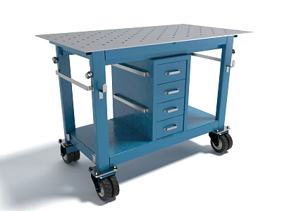 Blue Mobile Utility Table With Metal Frame Drawers Shelf And Wheels 3d model