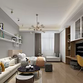 Modern Apartment Open Layout With Living Sleeping Area Wooden Floor Bookshelves Chandelier And TV Unit
