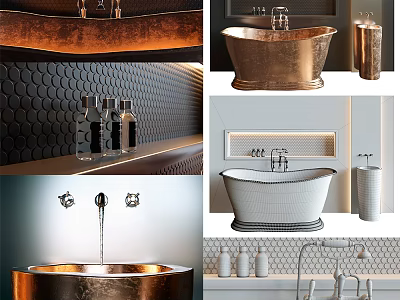 Modern Bathtub Interior Design With Copper And White Styles Brass Faucets Tile Walls Essential Bottles 3d model