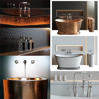 Modern Bathtub Interior Design With Copper And White Styles Brass Faucets Tile Walls Essential Bottles 3d model