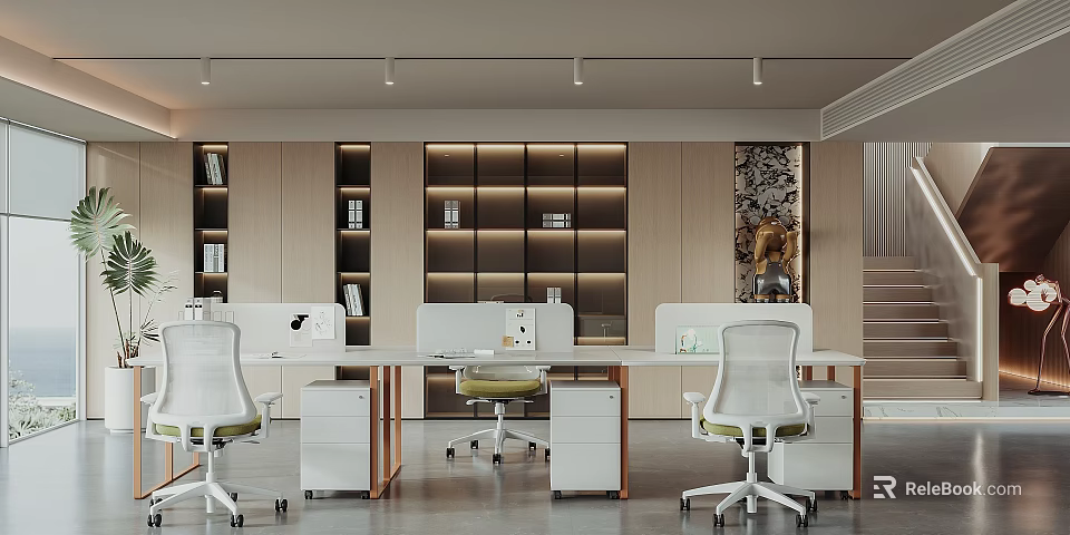 Modern Spacious Public Office Area Interior With Work Desks Ergonomic Chairs And Bookshelves 3d model 