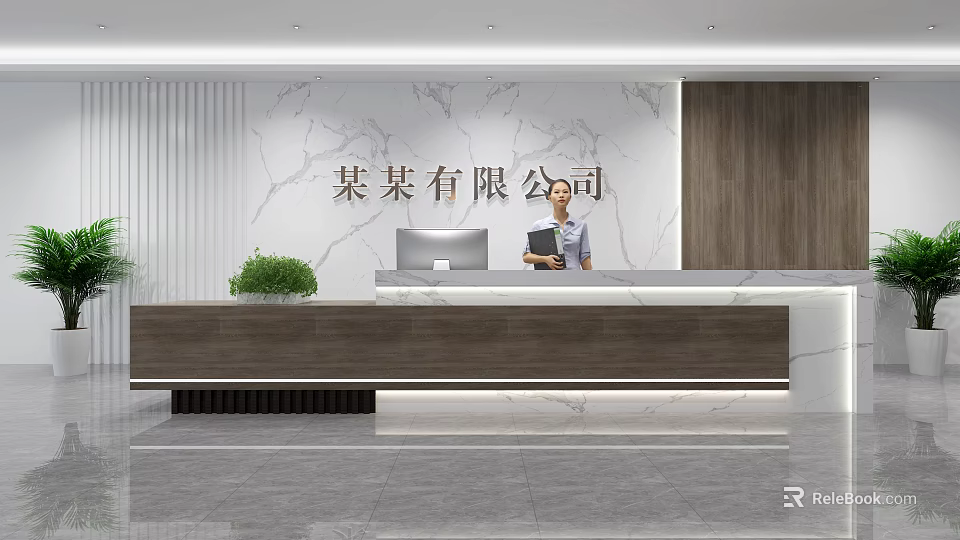Modern Company Reception Area With Wooden Desk Marble Wall Green Plant And Staff Member 3d model 