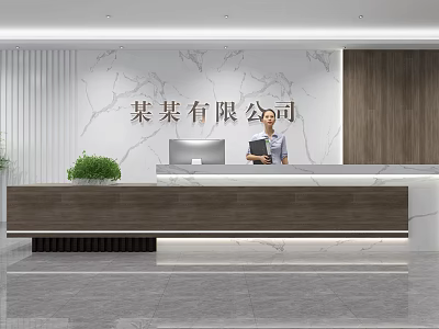 Modern Company Reception Area With Wooden Desk Marble Wall Green Plant And Staff Member 3d model