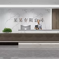 Modern Company Reception Area With Wooden Desk Marble Wall Green Plant And Staff Member